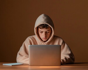 Aufkleber - Tech-Enhanced Teen Workspace Focused 13-Year-Old Indian Boy in Hoodie Coding on Laptop - Modern E-Learning and STEM Education for Future-Ready Skills in Digital Environments