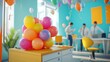 © Joni graphic - A whimsical scene of an office prank with a balloon-filled desk, surprised workers in the background, bright and colorful visual style