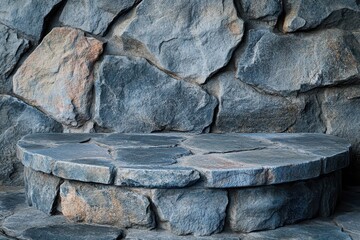 Wall Mural - Stone pedestal display, rough wall backdrop, outdoor setting, product showcase