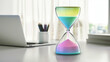 © iProgram - vibrant close up of modern hourglass with colorful sand on sleek desk, evoking sense of time and creativity