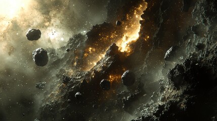 Wall Mural - Fiery asteroid field in space with glowing rocks and dust.