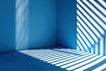 Wall Mural - Blue room corner, sunlight stripes, shadows, minimalist backdrop