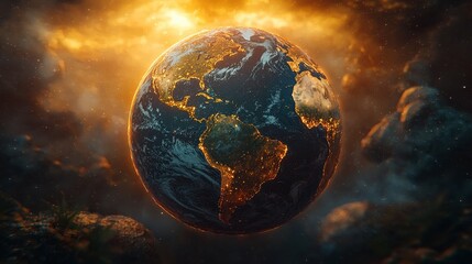 Wall Mural - Fiery sunset illuminates Earth from space, highlighting continents and clouds.