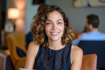 Wall Mural - Smiling young woman with curly hair in a modern cafe, creating a warm and inviting atmosphere amid a stylish interior. businesswoman entrepreneur corporate leader