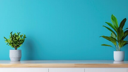 Minimalist pastel blue and wooden countertop kitchen with fresh modern decor, open layout