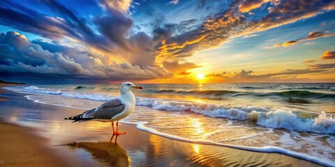 Wall Mural - Majestic Seagull at Sunset Beach - Aerial View