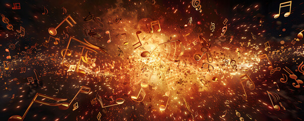 Aufkleber - Dynamic image of music notes bursting with flames and sparkles
