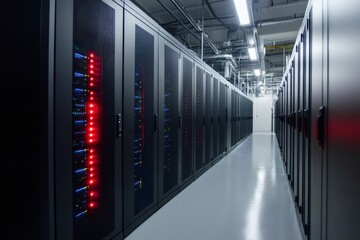 Poster - Working server racks with flashing lights illuminating corridor in data center
