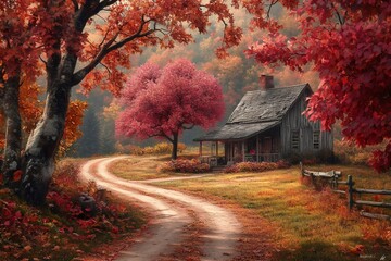 Wall Mural - Winding country road leading to cozy cabin in autumn forest