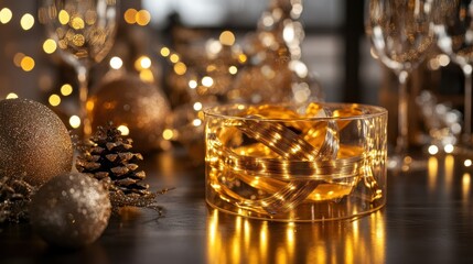 Wall Mural - A sleek golden tape glowing with luminous twists, surrounded by sparkling accents and festive vibes.