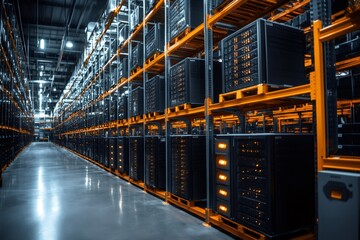 Poster - Servers blinking in a modern data center with orange shelves