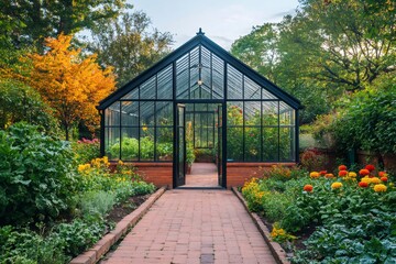 Wall Mural - Greenhouse with open door in lush botanical garden during autumn