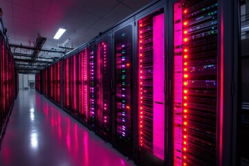 Poster - Modern server room bathing in vibrant pink light illuminating data center technologies