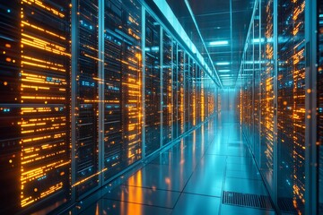 Poster - Server racks emitting orange light inside a modern data center