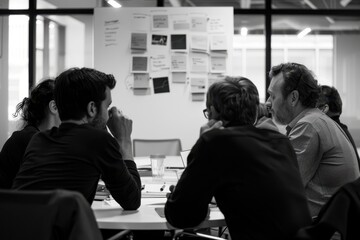 Leinwandbilder - Group of four men engaged in brainstorming session around a table with laptops in a modern workspace during the afternoon