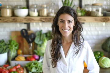 Bright kitchen filled with fresh vegetables as a woman prepares a healthy meal while smiling joyfully in a cozy home environment