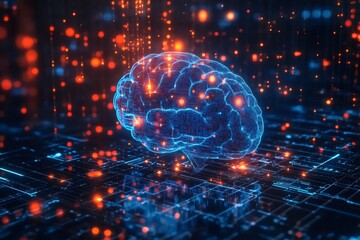 Poster - Digital brain processing data on futuristic circuit board with glowing particles