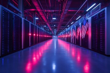 Poster - Server room in United States with american flags and pink and blue lights