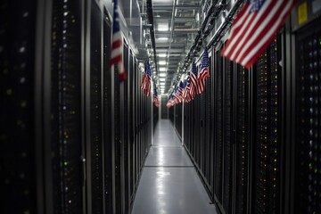 Poster - Server Room Decorated with United States Flags, Data Center Celebrating National Pride