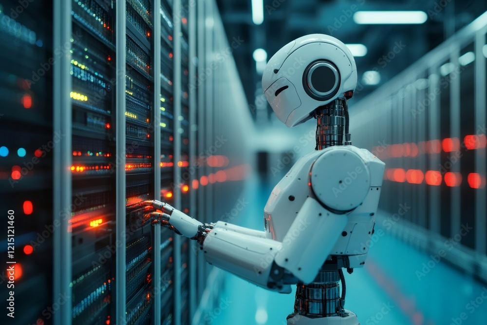 Robot working on server rack in modern data center Stock Photo | Adobe ...
