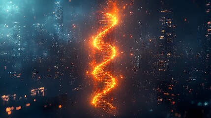 Canvas Print - Glowing Double Helix Twisting into Futuristic Skyline Representing Synthesis of Biology and Modern Design