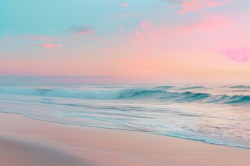 Aufkleber - Sunset over calm ocean waves at a serene beach with soft pink and blue sky colors during the twilight hours of the evening