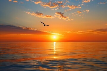 Poster - Vibrant sunset over calm ocean waters with colorful clouds reflecting on the surface in a peaceful evening setting