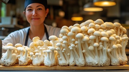 Chef presents fresh mushrooms in restaurant kitchen