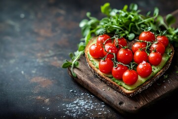 Wall Mural - Heart shaped toast with mashed avocado, cherry tomatoes and fresh watercress for a healthy breakfast