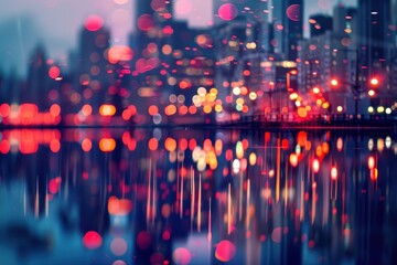 Fototapete - City skyline illuminated at night with reflections on water, showcasing vibrant colors and tranquility
