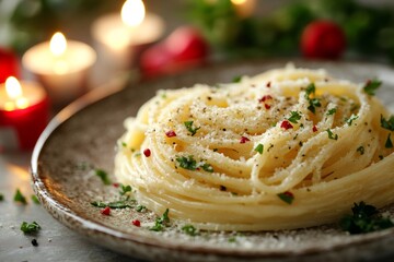 Wall Mural - Delicious spaghetti with cheese and herbs served on a plate with romantic candlelight in the background