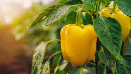 Ripe bell pepper growing in greenhouse. Fresh and tasty harvest. Farm product. Delicious vegetable