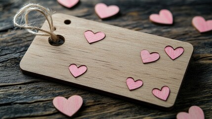 Wall Mural - Joyous Valentine Gift Tag Featuring Rustic Wooden Hearts and Confetti Border on Natural Wood Backdrop