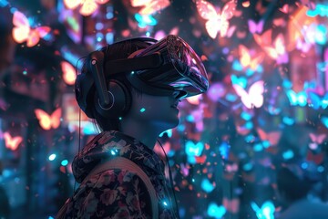 Leinwandbilder - Engaging in a virtual reality experience amid vibrant colorful backgrounds in a digital landscape