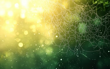 Intricate spider web covered in dew, shining against a soft blurred nature backdrop
