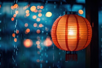 Aufkleber - Lantern glowing softly in the rain at night, creating a serene atmosphere with blurred lights in the background