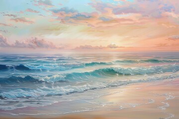Aufkleber - Sunset over calm ocean waves at a serene beach with soft pink and blue sky colors during the twilight hours of the evening
