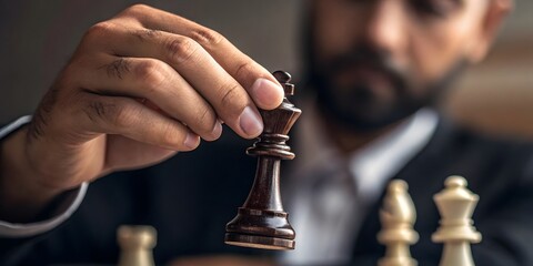 Man moving king chess piece at checkerboard indoors, closeup