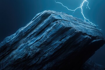 Wall Mural - A large, dark blue rock formation stands against a stormy, lightning-filled night sky.