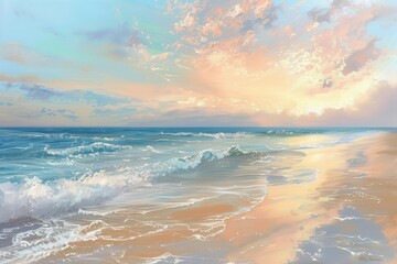 Aufkleber - Sunset over calm ocean waves at a serene beach with soft pink and blue sky colors during the twilight hours of the evening