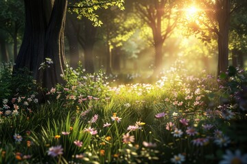 Aufkleber - Sunlight filtering through trees highlights a meadow filled with wildflowers in a tranquil forest during early morning hours