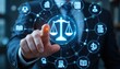 © Arnab Dey - Legal Professional with Justice Icons. A suited legal professional touches virtual icons symbolizing law, justice, and legal services. business legislation, Notary public, legal advice online, Lawyer