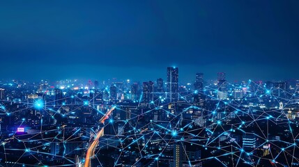 Poster - Smart city wireless communication network and internet of things (IoT) at night.