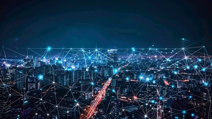 Poster - Smart city wireless communication network and internet of things (IoT) at night.