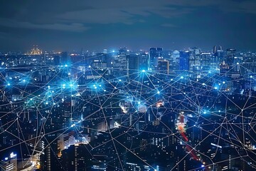 Poster - Smart city wireless communication network and internet of things (IoT) at night.