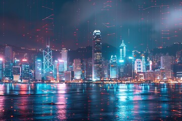 Poster - Smart network and Connection technology concept with Hong Kong city background at night