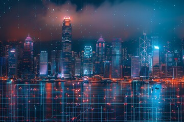 Aufkleber - Smart network and Connection technology concept with Hong Kong city background at night
