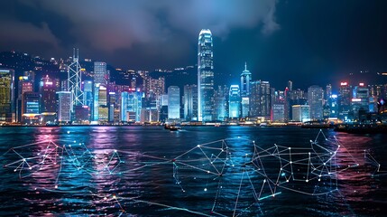 Leinwandbilder - Smart network and Connection technology concept with cityscape background at night