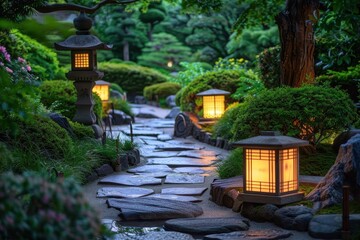 Aufkleber - Serene garden path illuminated by lanterns under a tranquil evening sky in a beautiful park setting