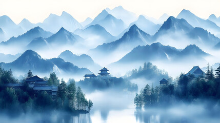 Sticker - A peaceful blue mountain scene symbolizes heritage and culture.